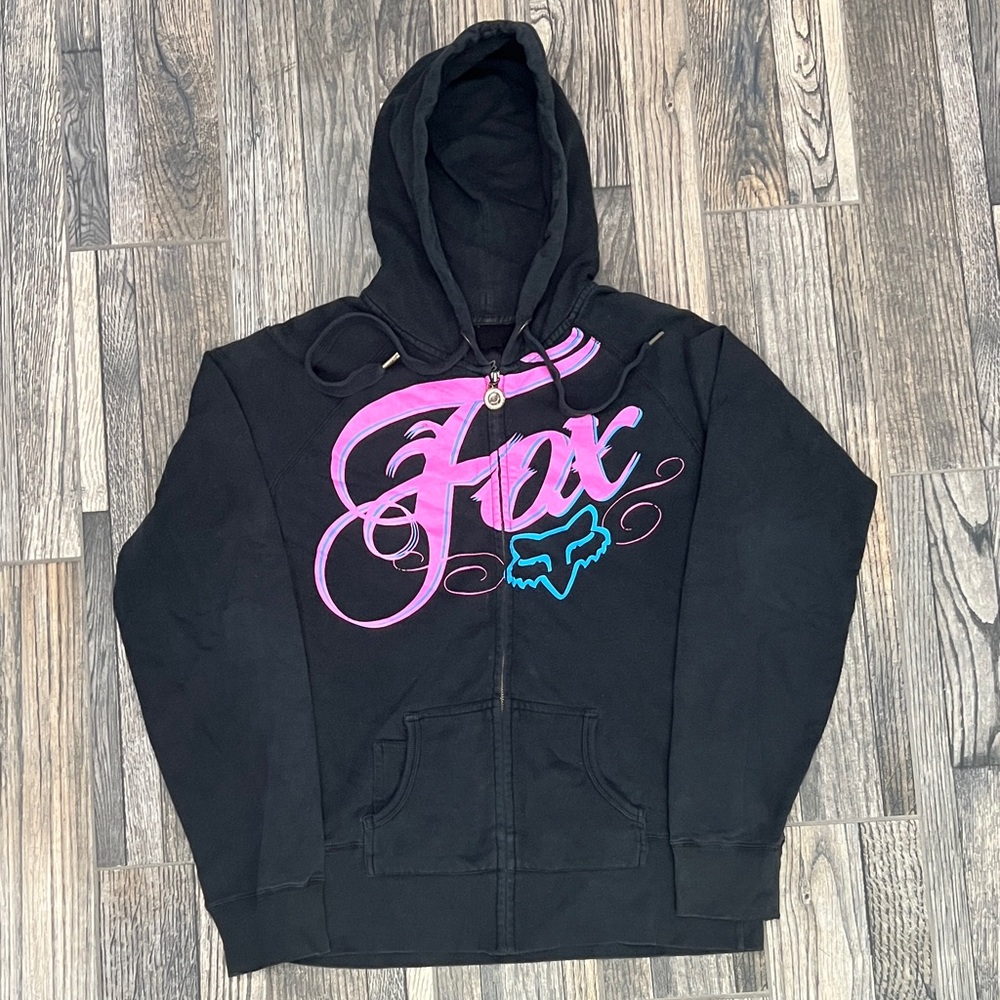 🔥 Y2K FOX RACING Fox Riders Zip Up HOODIE Black/Pink Women’s/Juniors Sz XL - GUC